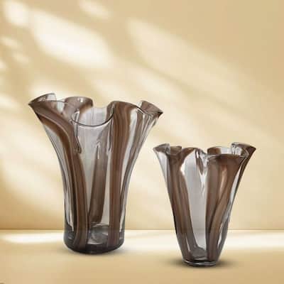 Set of Two Handblown Striped Chocolate Brown Vases