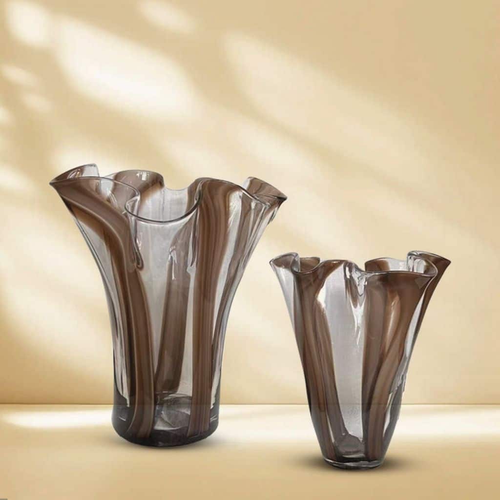Set of Two Handblown Striped Chocolate Brown Vases