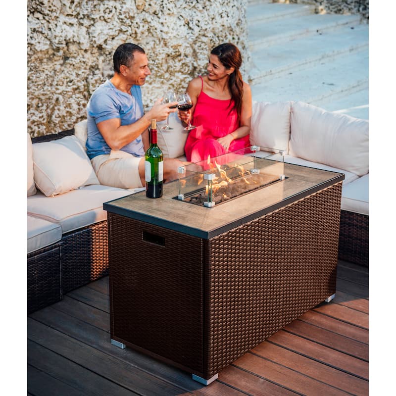 Empyrean Outdoor 43" Wicker Fire Pit Table with Glass Shield