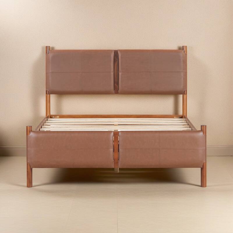 Bed with leather Upholstered Headboard - Brown