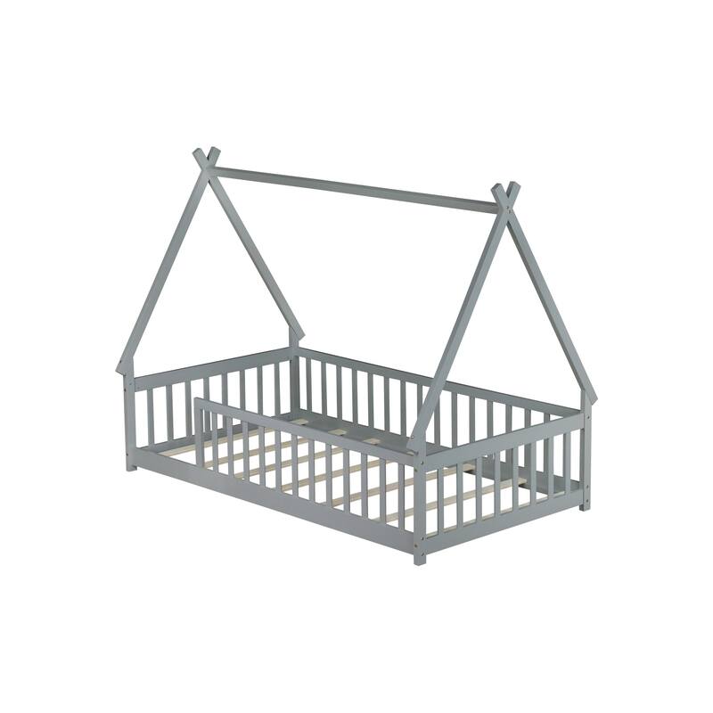 Roomfitters Twin Tent-Shaped Floor Bed with Teepee Frame, Rubber Wood Platform with Guardrails and Slats
