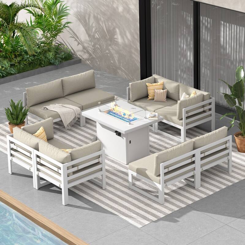 9-Piece Modern Aluminum Outdoor Furniture Set With Fire Pit Table Propane/Gas 60,000 BTU, Extra Large Aluminum Patio Sectional - White Frame - Beige