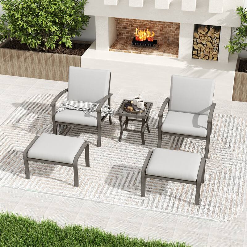 5-Piece Aluminum Patio Conversation Set with End Table, Ottoman and Light Gray Cushions