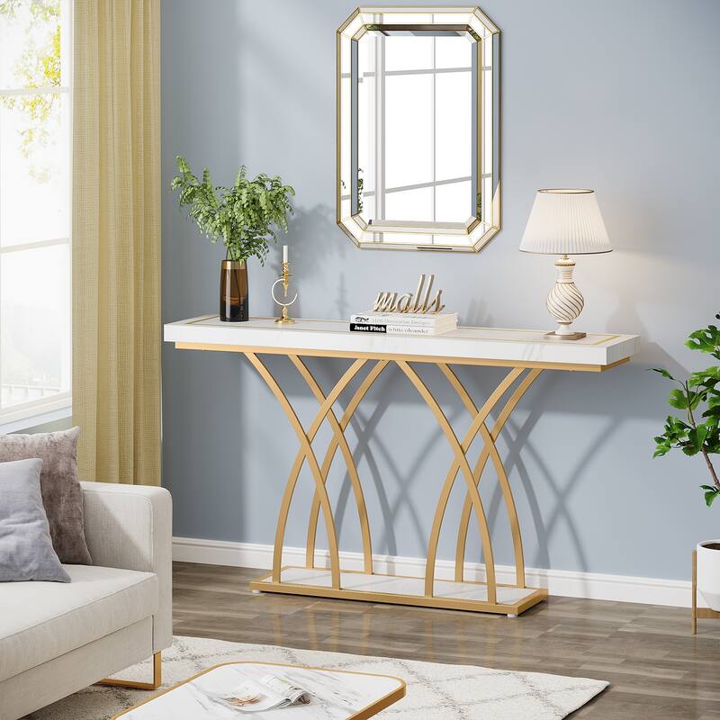 55 Inch White and Gold Console Table, Modern Faux Marble Entryway Table