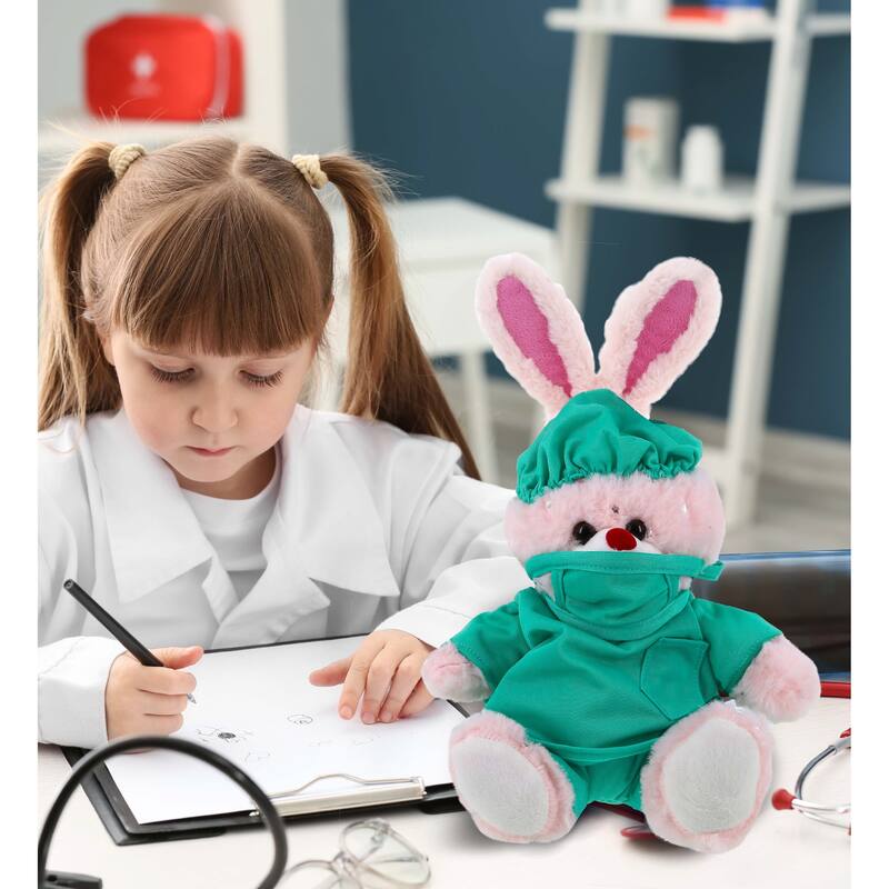 DolliBu Rose Gold Bunny Doctor Plush Toy with Scrub Uniform and Cap - 8 inches
