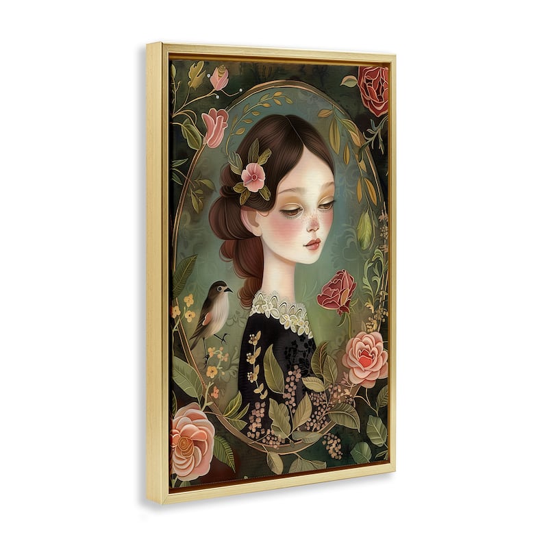 Stupell Vintage Lady & Floral Border Framed Floater Canvas Wall Art Design By The Dutch Lady