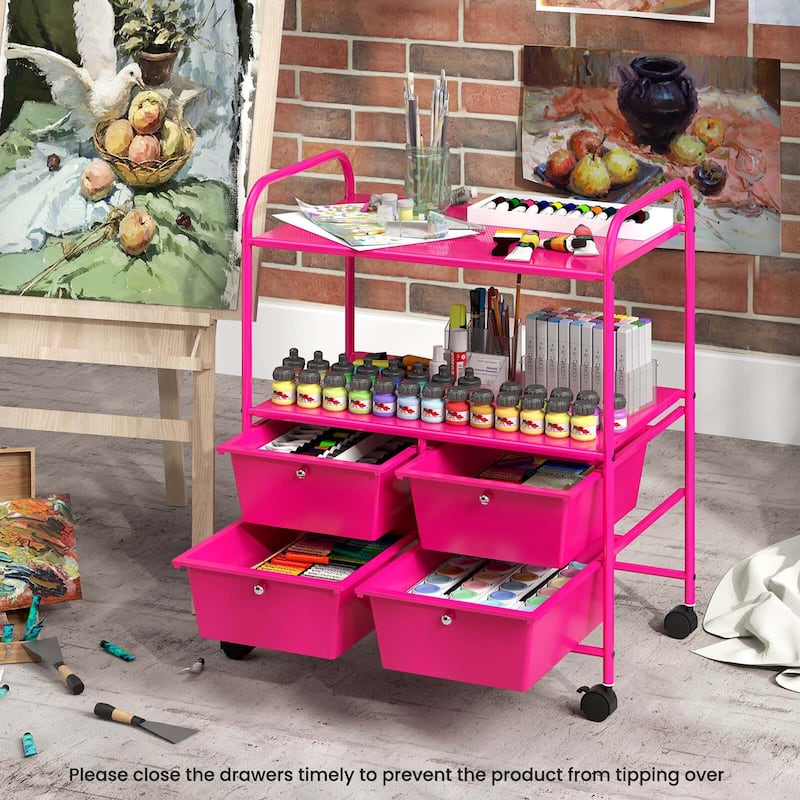 Rolling Storage Cart Metal Rack Shelf with 4 Drawers 2 Shelves