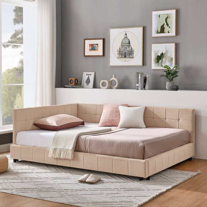 L-shaped Velvet Upholstered Daybed Tufted Sofa Bed with Soft Backrest Armrests - and Optional Corner Storage Day Bed