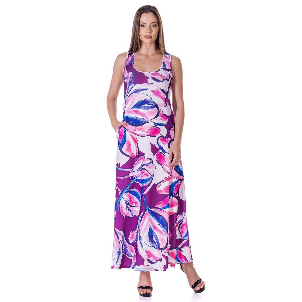 24seven Comfort Apparel Womens Casual Purple Floral Scoop Neck Sleeveless Maxi Dress With Pockets