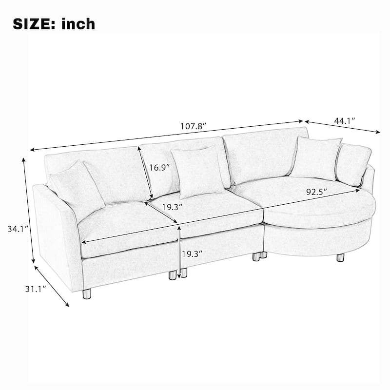 107" Chenille 3-Piece Sectional Sofa with Curved Chaise, Pine Wood Frame & 3 Throw Pillows for Living Rooms and Apartments