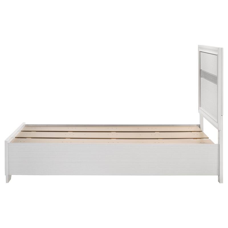 White Twin Storage Bed with Built-in Drawers and Glitter Panels