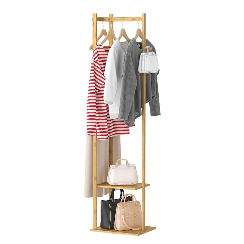 15" Wide Solid Wood Freestanding Coat Rack with Storage - Bamboo Color