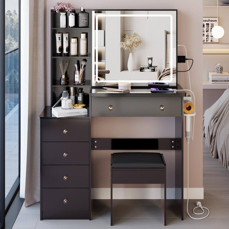 Vanity Table with Control LED Sliding Mirror, Dressing Table Set with USB Power Station, Makeup Stool with Hair Dryer Stand