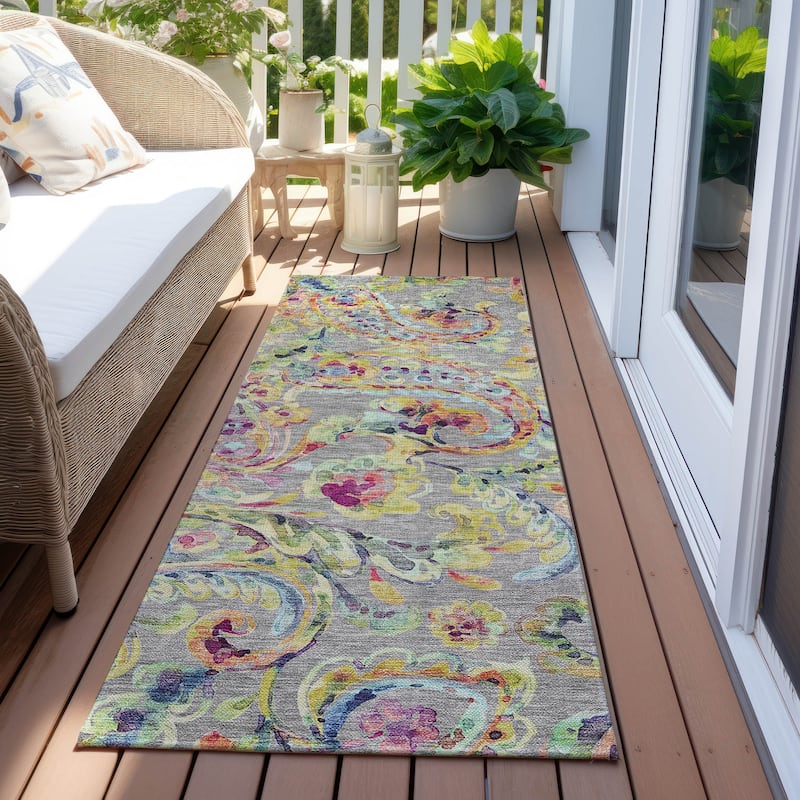 Machine Washable Indoor/ Outdoor Chantille Traditional Scroll Rug - Gray - 2'3" x 7'6"