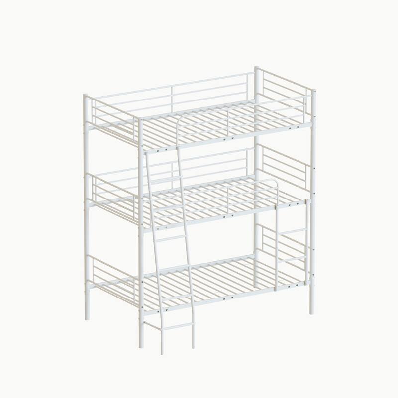 Twin Size Triple Bunk Bed with Two Ladders and Guardrails, Heavy Duty Metal Triple Bunk Bed Frame, Convertible into 3 Beds - White - Twin