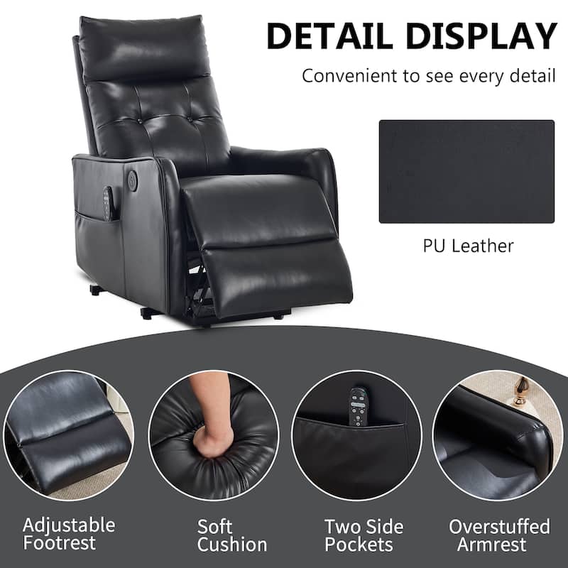 PU Leather Recliner with Single Motor Lift Massage Heat and 155 Degree Recline