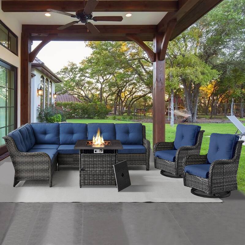 Gymojoy 4-Piece Outdoor Wicker Patio Furniture with Fire Pit and L-shaped Sectional Sofa, Coversation Set with Thick Cushions - 4-Piece - Grey Wicker / Blue Cusion