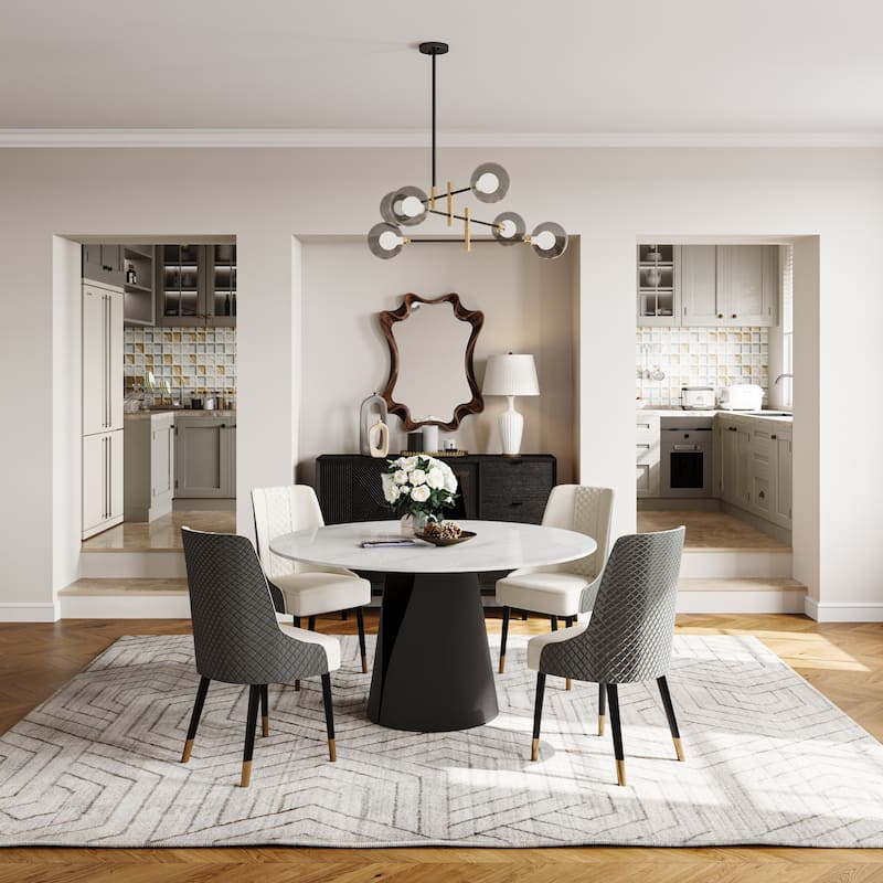 Modern Round White Dining Table, Matte Sintered Stone Tabletop, Solid Black Carbon Steel Base