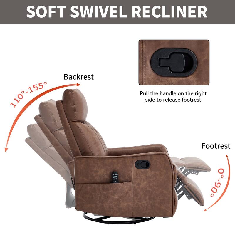 Faux Leather Recliner with Massage Heat Rocker and 360 Degree Swivel