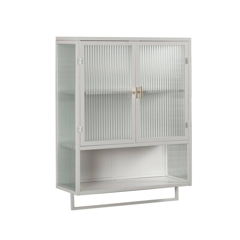 Modern Wall Cabinet With Double Glass Door Open Shelves Towel Racks Wall Mounted Design - 1