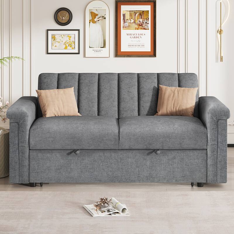 2-in-1 Loveseat Sleeper Recliner Sofa, Convertible Lounge Couch Pull Out Sofa Bed with Vertical Striped Backrest - Gray