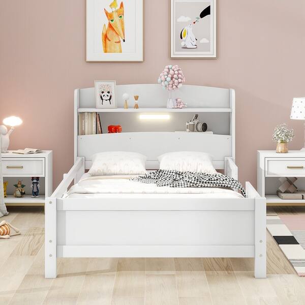 slide 2 of 12, Wood Twin Platform Bed with LED Light, Storage Headboard, and Guardrails White