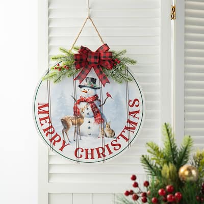 Glitzhome 15"D Wooden Merry Christmas Round Snowman Wall Sign Door Hanger