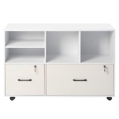 White Particle Board Mobile File Cabinet with 2 Lockable Drawers 4 Shelves and Casters