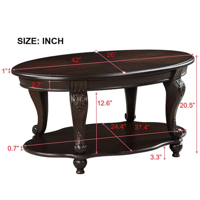42 Inch Oval Wood Coffee Table with 2-Tier Open Shelf