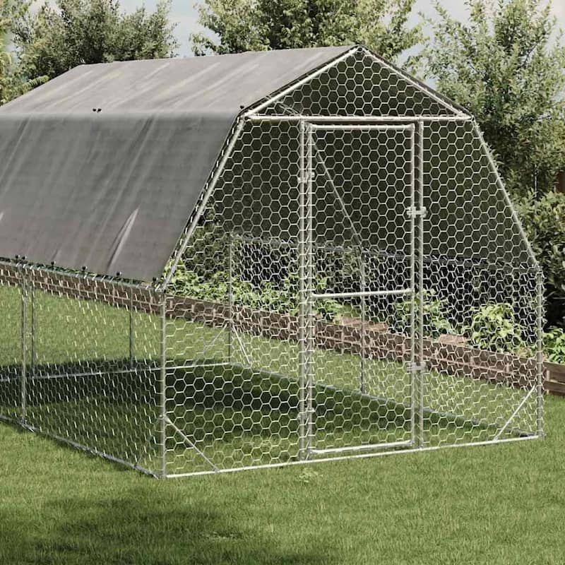 vidaXL Chicken Run Silver, Green Galvanized Steel, PE Large Durable - Silver - 157.5 x 98.4 x 88.6