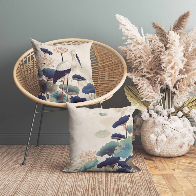 Lotus Pond Indoor/Outdoor Reversible Throw Pillow Beige and Blue