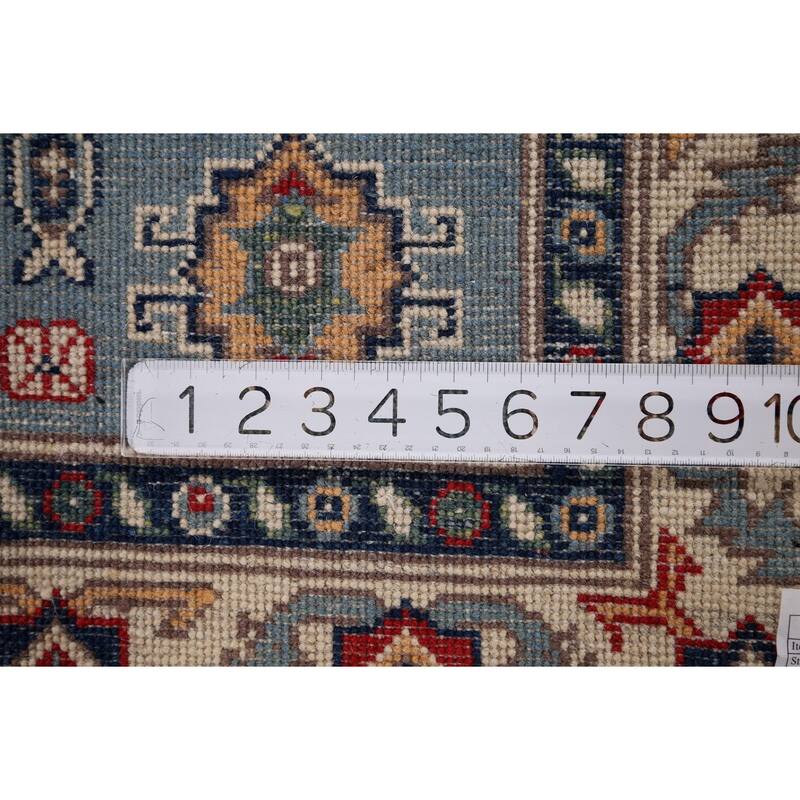 Blue Geometric Kazak Accent Rug Hand-Knotted Wool Carpet - 3'4" x 5'0"
