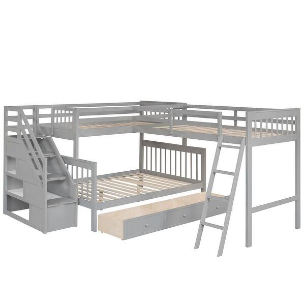 slide 2 of 46, L-Shaped Twin Over Full Bunk with Drawers and Shelves in Stairs Gray