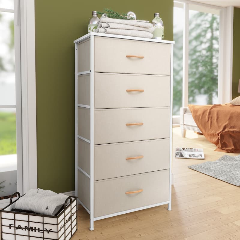 Pellebant Fabric Vertical Dresser Storage Chest Tower with 5 Drawers - Beige - 5-drawer