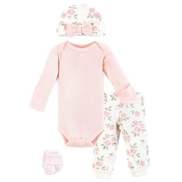 slide 1 of 1, Hudson Baby Girls Thermal Preemie Layette Set 4pc Long Sleeve Outfit, Soft Pink Sage Rose, Preemie Preemie - Soft Pink Sage Rose Long Sleeve
