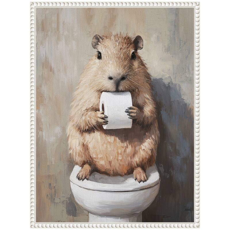 Kate and Laurel Sylvie Capybara Holding Toilet Paper Roll Toilet Bathroom Art Framed Canvas by The Creative Bunch Studio