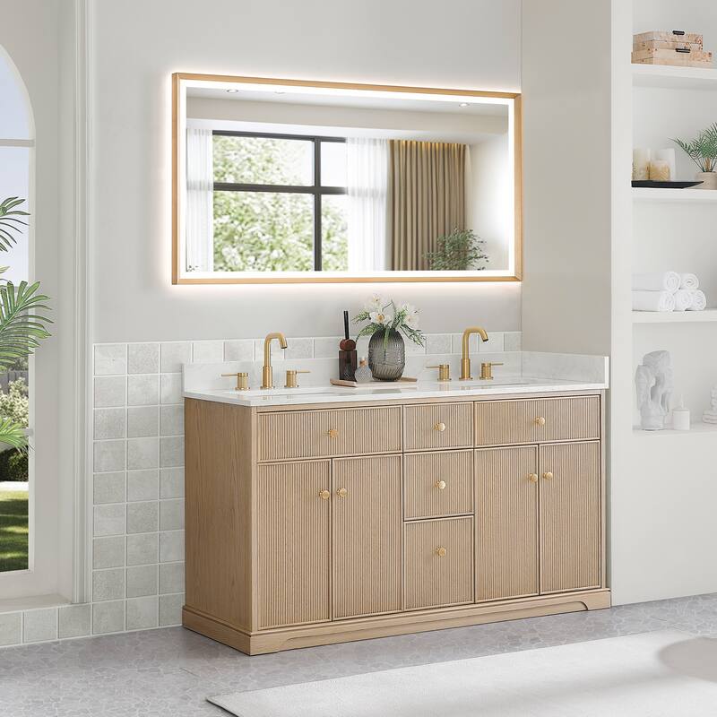 Barnett Bathroom Vanity in Natural Oak with Grain White Engineered Stone Countertop No Mirror