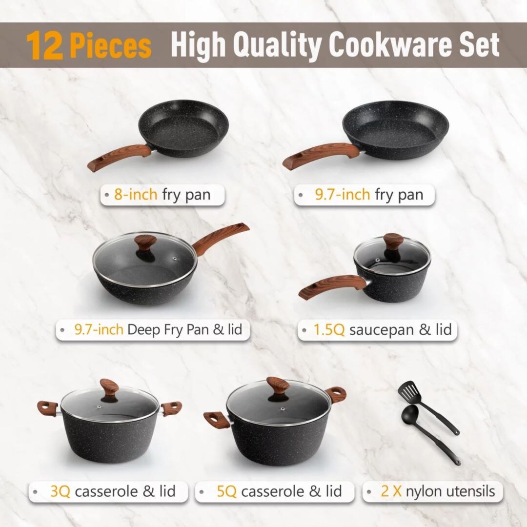 12 Pieces Kitchen Pots & Pans Set Nonstick Cookware Set Granite