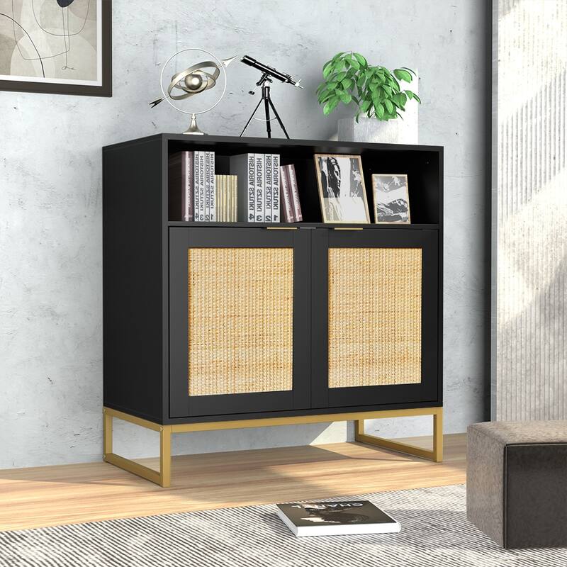 Anmytek Black Rattan Buffet Sideboard Storage Cabinet with 2 Doors - Black