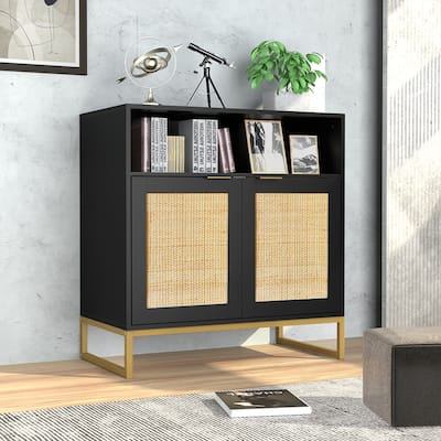 Anmytek Modern 2-Door Black Buffet Sideboard Table Rattan Kitchen Storage Cabinet with Open Shelf - 31.5" W x 15.7" D x 31.9" H