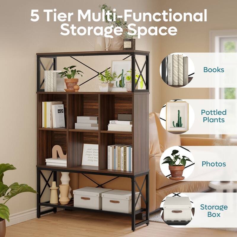 5-Shelf Bookcase with LED 6 Cubes Bookshelf with Adjustable shelves - 63 x 43 inches