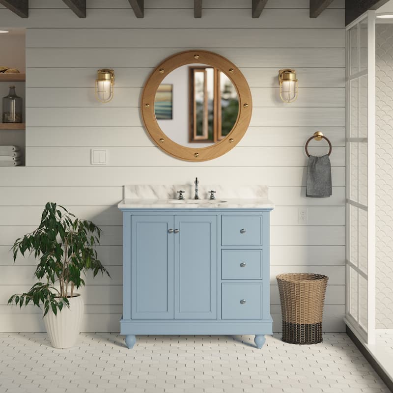 KitchenBathCollection Bella 36" Bathroom Vanity with Carrara Marble Top - Powder Blue