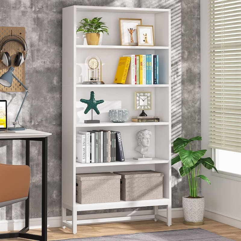 71-Inch Tall Bookcase, Heavy Duty Free-Standing Library Bookshelf with 5-Tier Shelves for Living Room - White