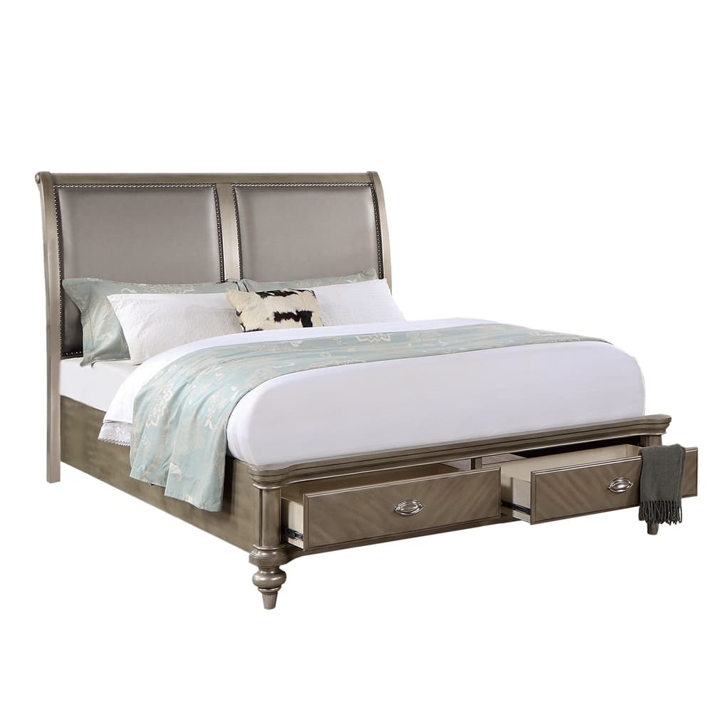 Wooden Bed with 2 Storage Drawers in Antique Silver