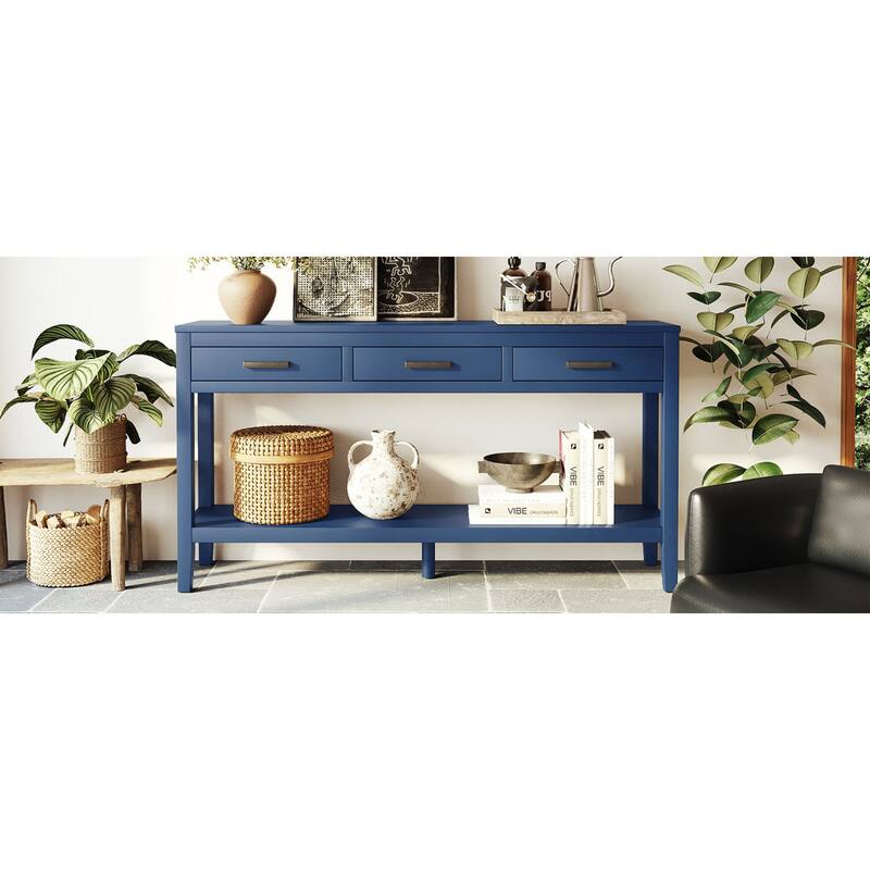 Roomfitters 59.1" Farmhouse Entryway Table with 3 Drawers, Slim Console Sofa Table with Open Shelf for Hallway