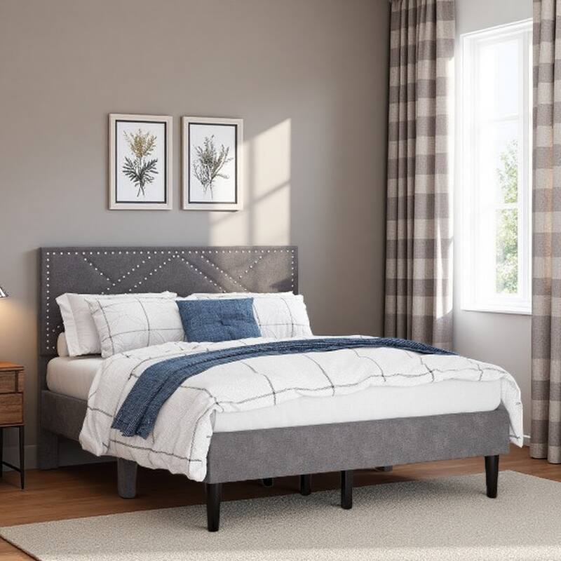 Gray Queen Size Platform Bed, Bed Frame with Linen Headboard, No Box Spring Needed, Whisper-Quiet, Under-Bed Storage - Carbon Gray - Queen