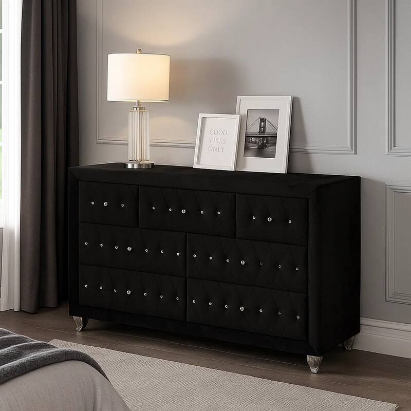 Rea Wide Dresser, 7 Drawers with Crystal Knobs, Black Velvet Upholstery
