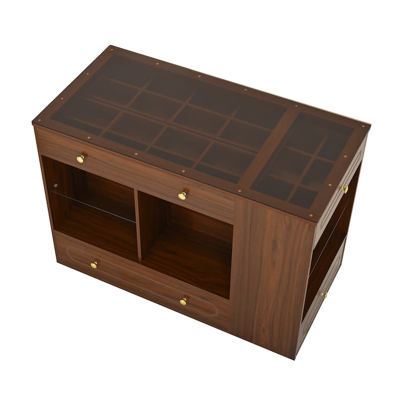 Closet Island with 6 Drawers, Wardrobe Armoire Bedroom Island with Glass Display Top and Open Shelves, Jewelry Storage