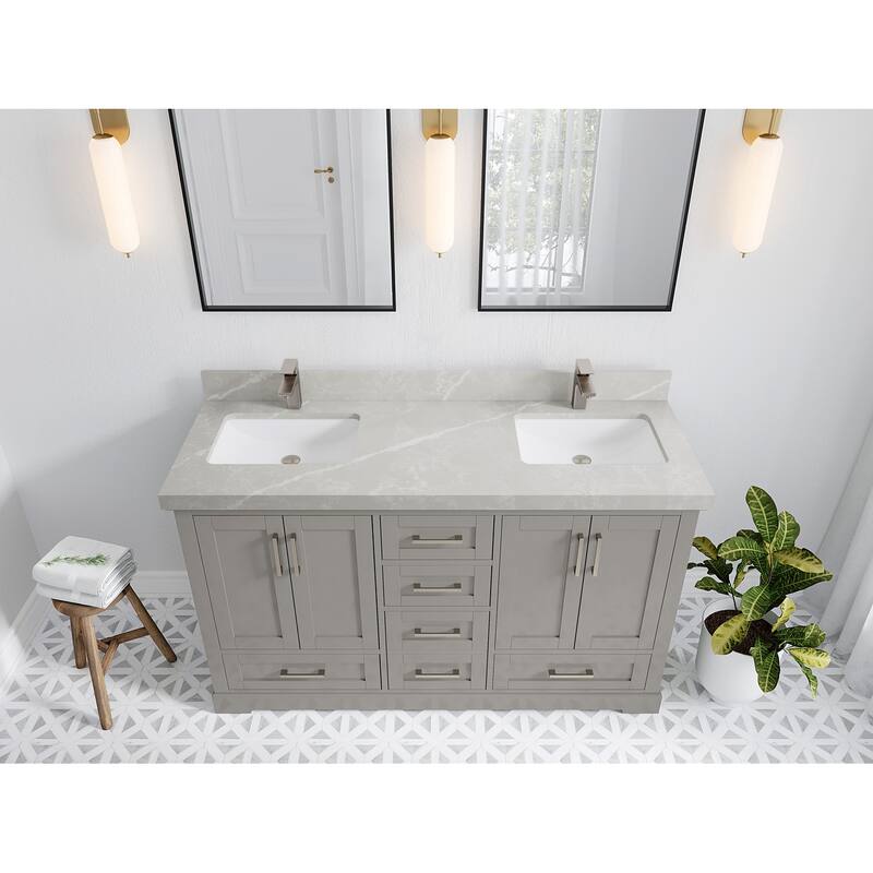 Willow Collection 60 in W x 22 in D x 36 in H Boston Double Bowl Sink Bathroom Vanity with Countertop - 2"Pearl Gray - Elephant Skin Gray