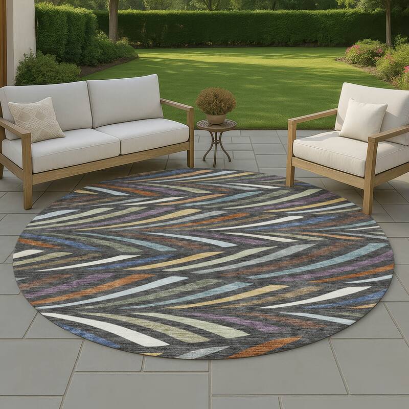 Machine Washable Indoor/ Outdoor Modern Feather Chantille Rug - Charcoal - 8' x 8'